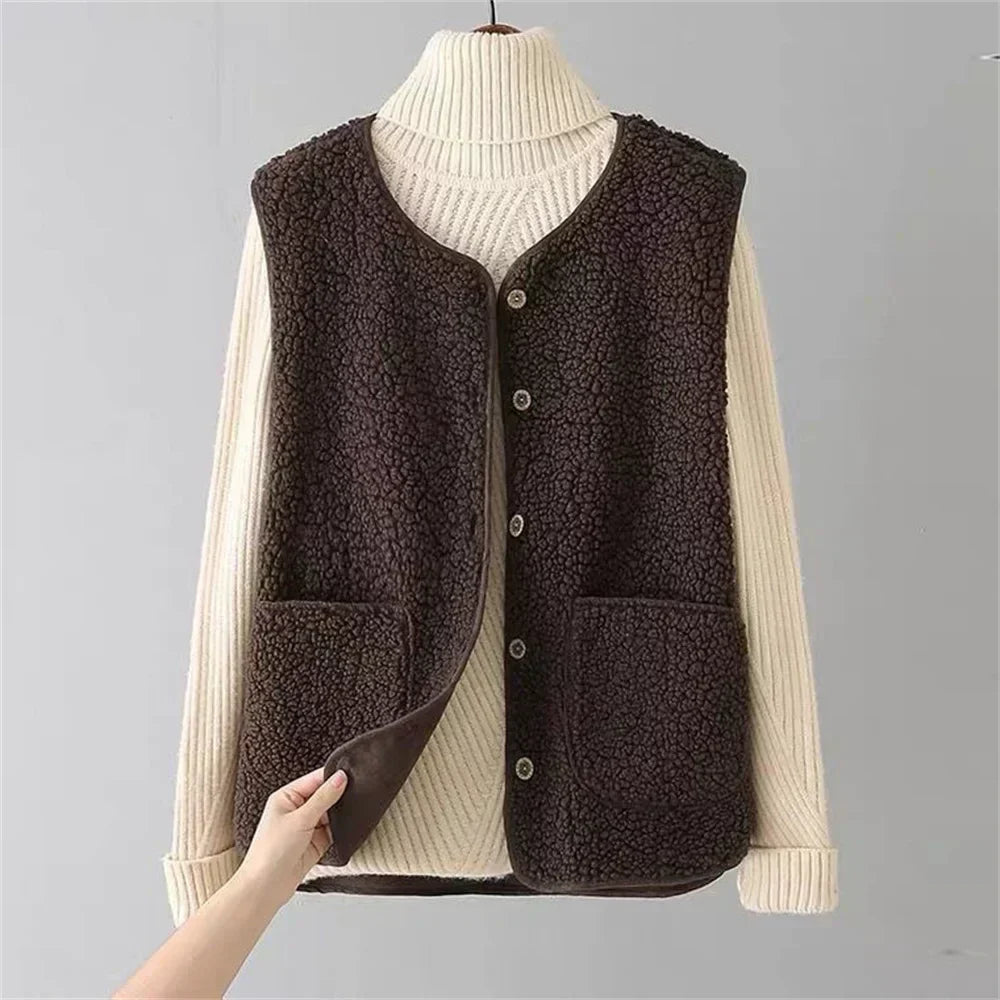Women's Sherpa Fleece Gilet with Button Front and Pockets