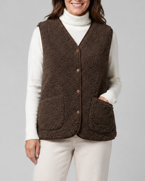 Women's Sherpa Fleece Gilet with Button Front and Pockets