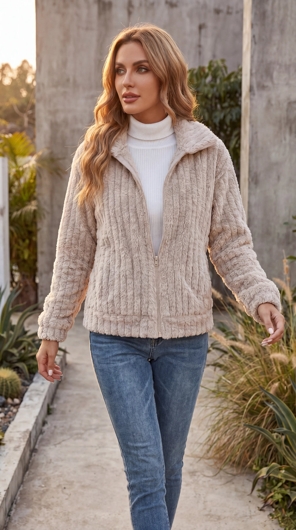 Women's Ribbed Teddy Fleece Zip-Up Jacket