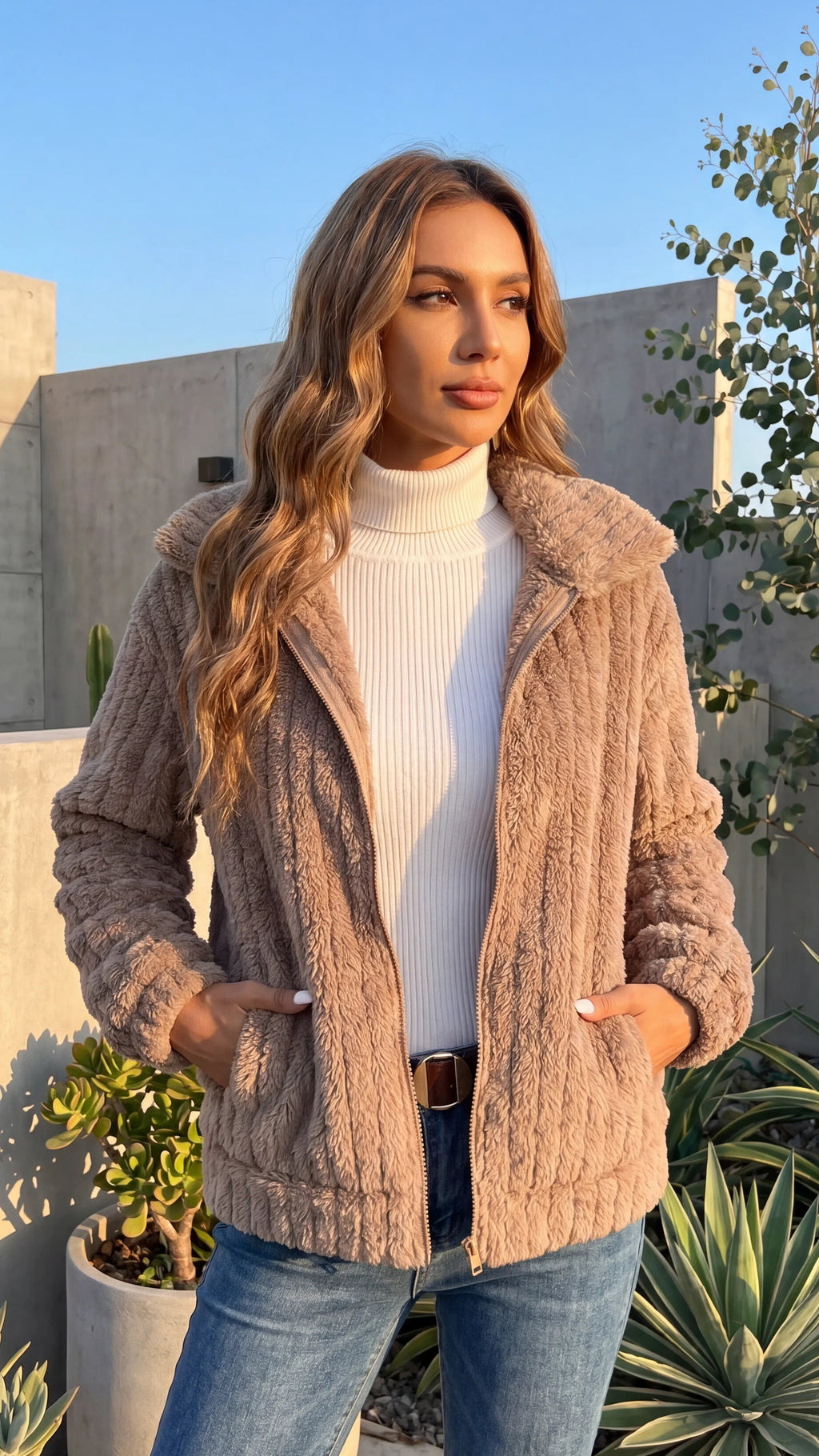 Women's Ribbed Teddy Fleece Zip-Up Jacket