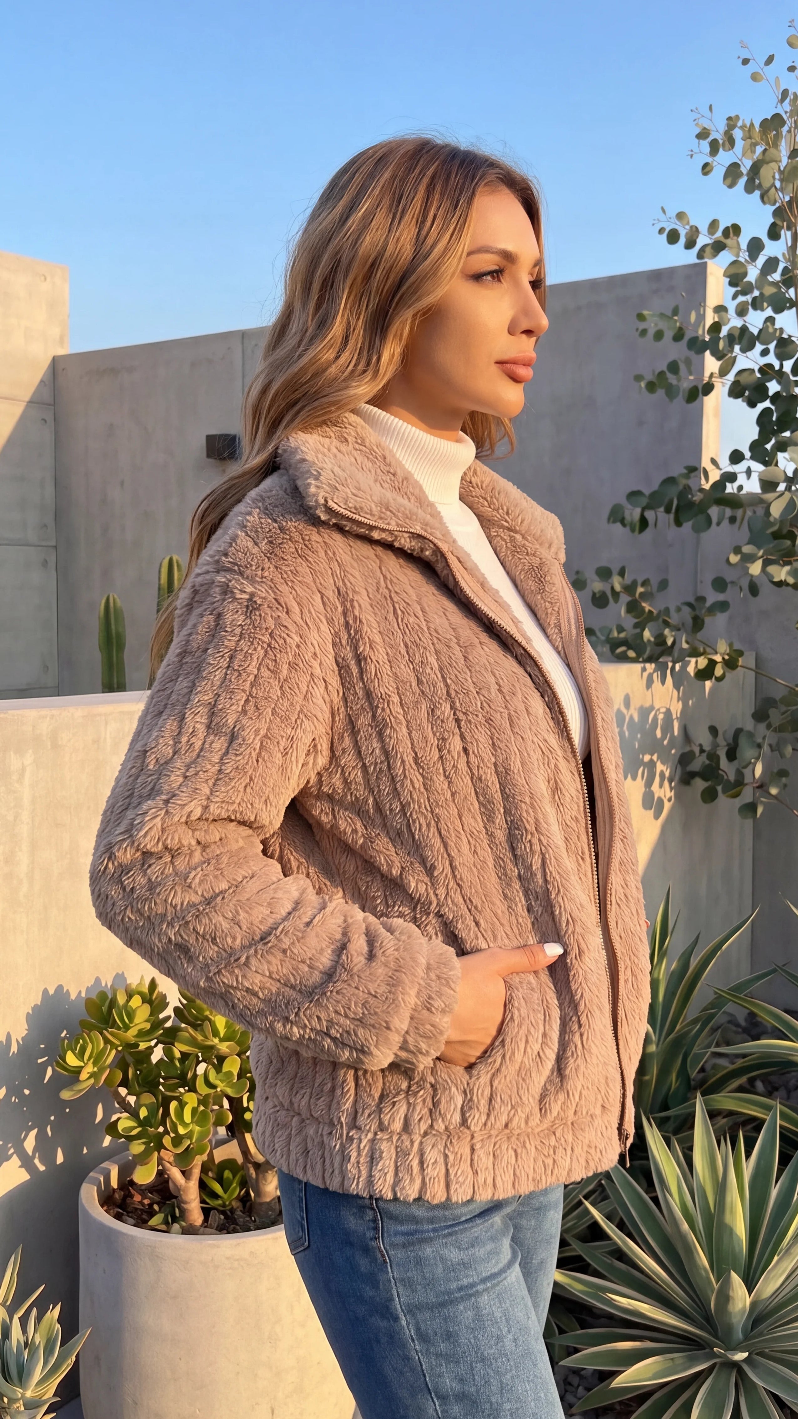 Women's Ribbed Teddy Fleece Zip-Up Jacket
