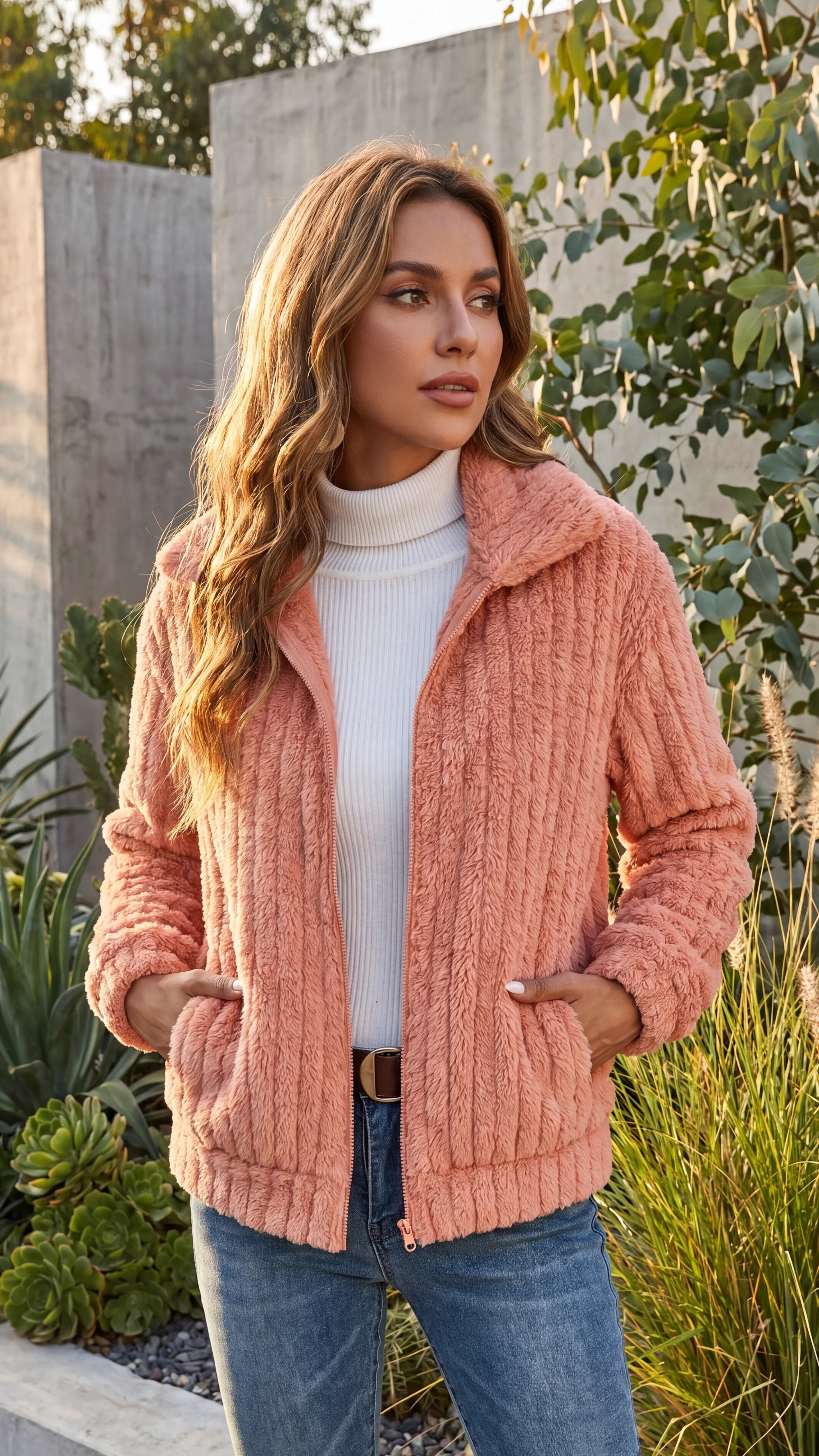 Women's Ribbed Teddy Fleece Zip-Up Jacket