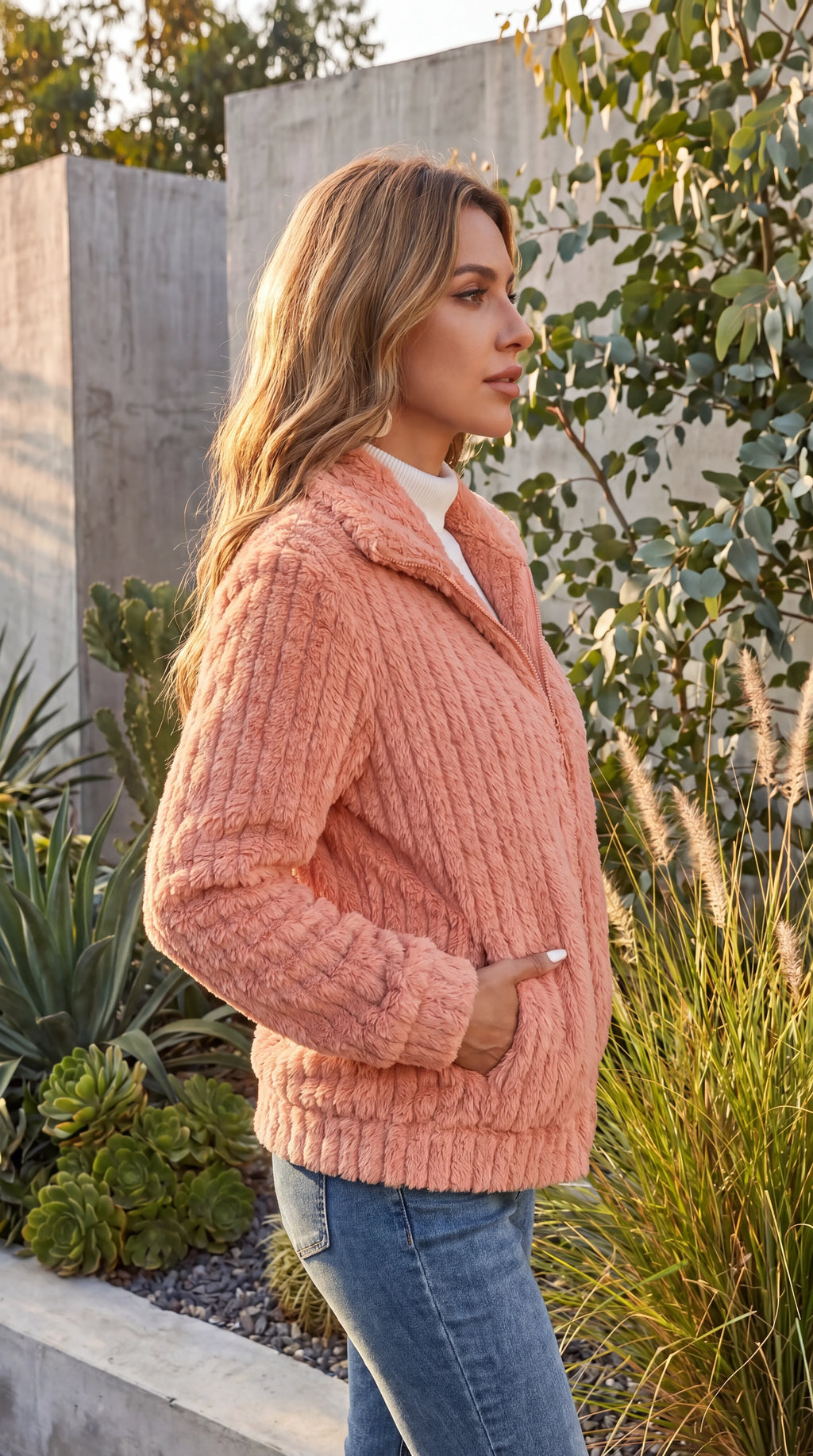Women's Ribbed Teddy Fleece Zip-Up Jacket