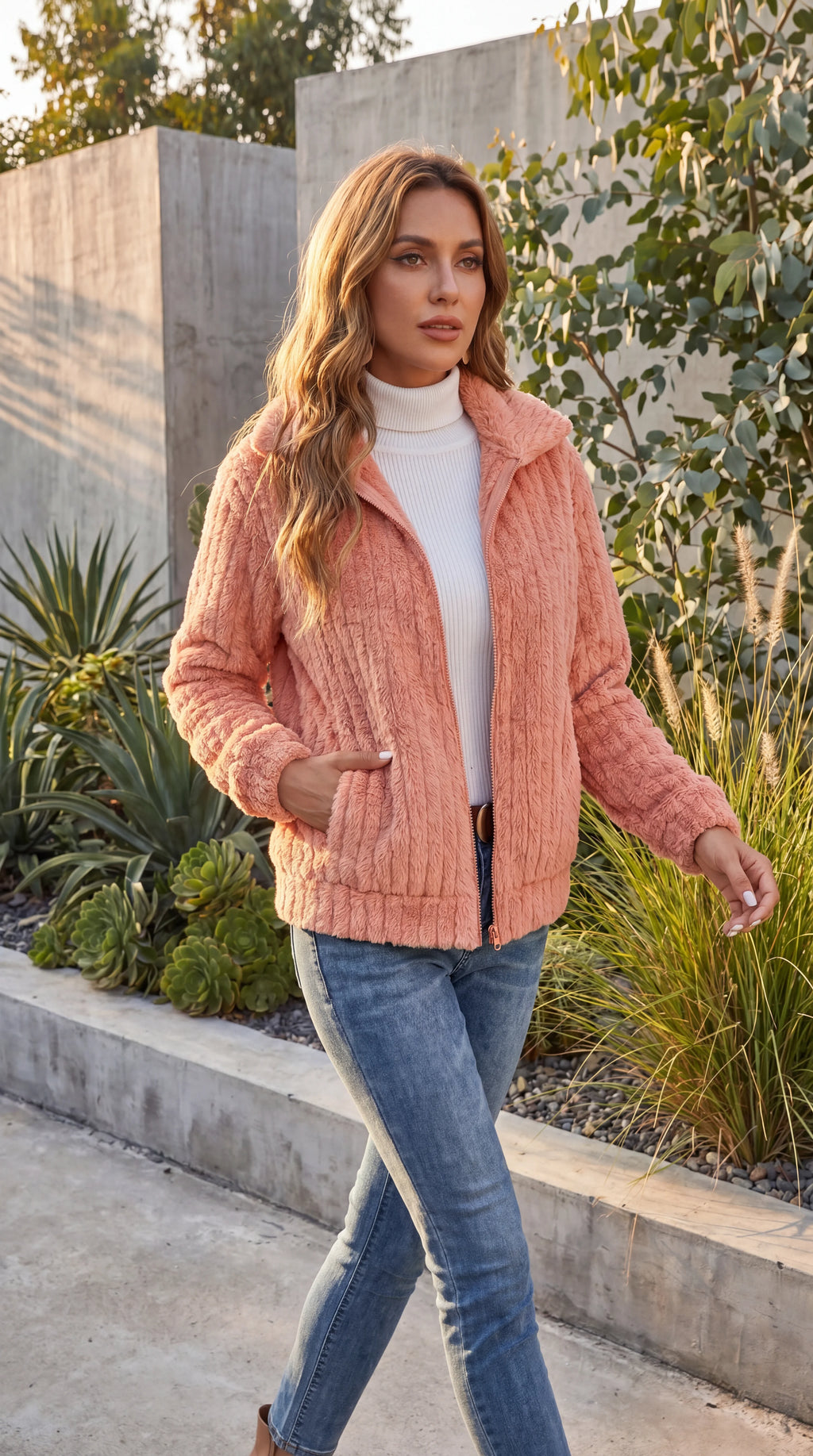 Women's Ribbed Teddy Fleece Zip-Up Jacket