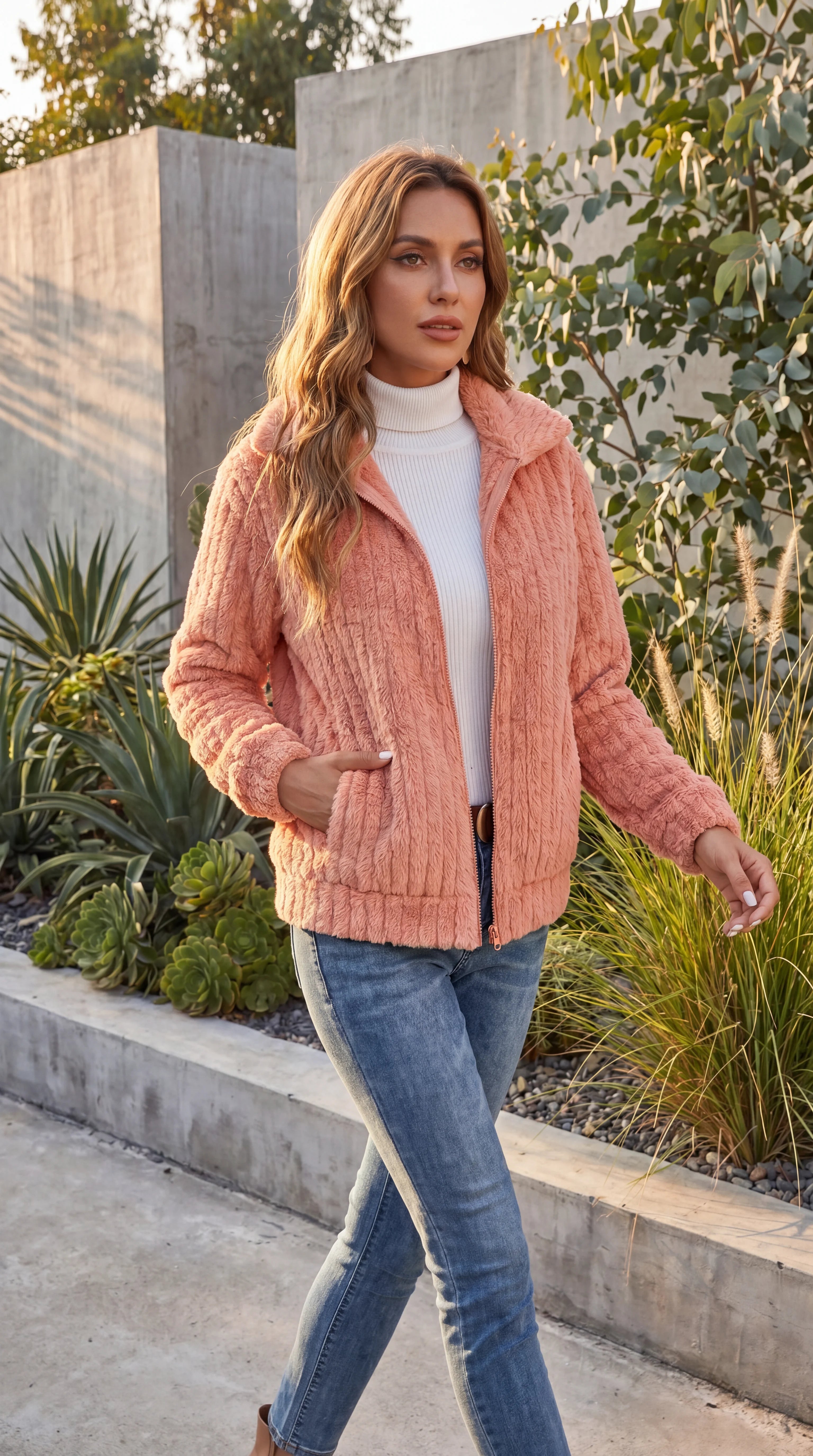 Women's Ribbed Teddy Fleece Zip-Up Jacket