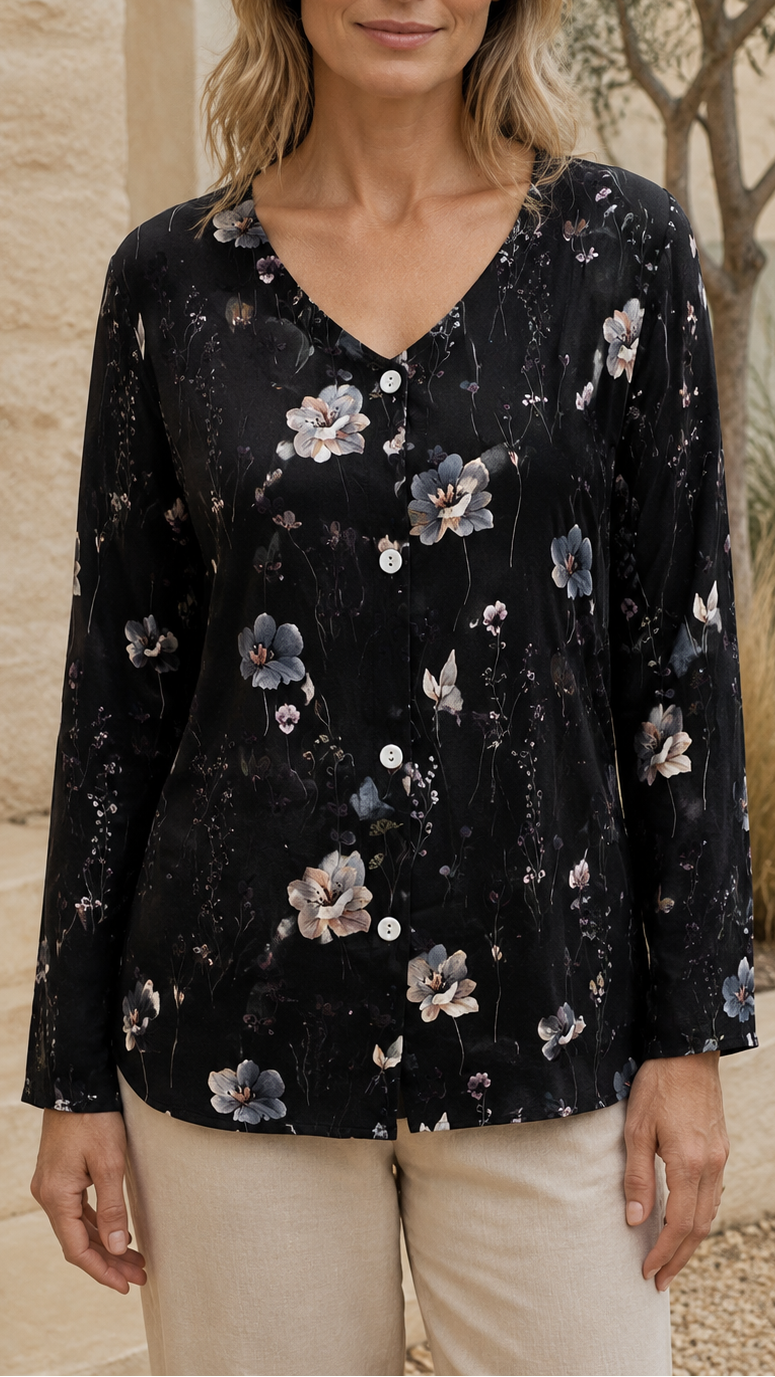 Women's Floral Blouse | V Neck Button Long Sleeve Top
