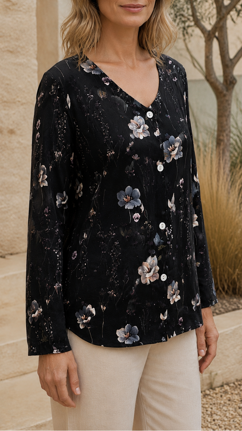 Women's Floral Blouse | V Neck Button Long Sleeve Top