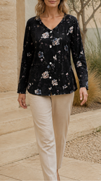 Women's Floral Blouse | V Neck Button Long Sleeve Top
