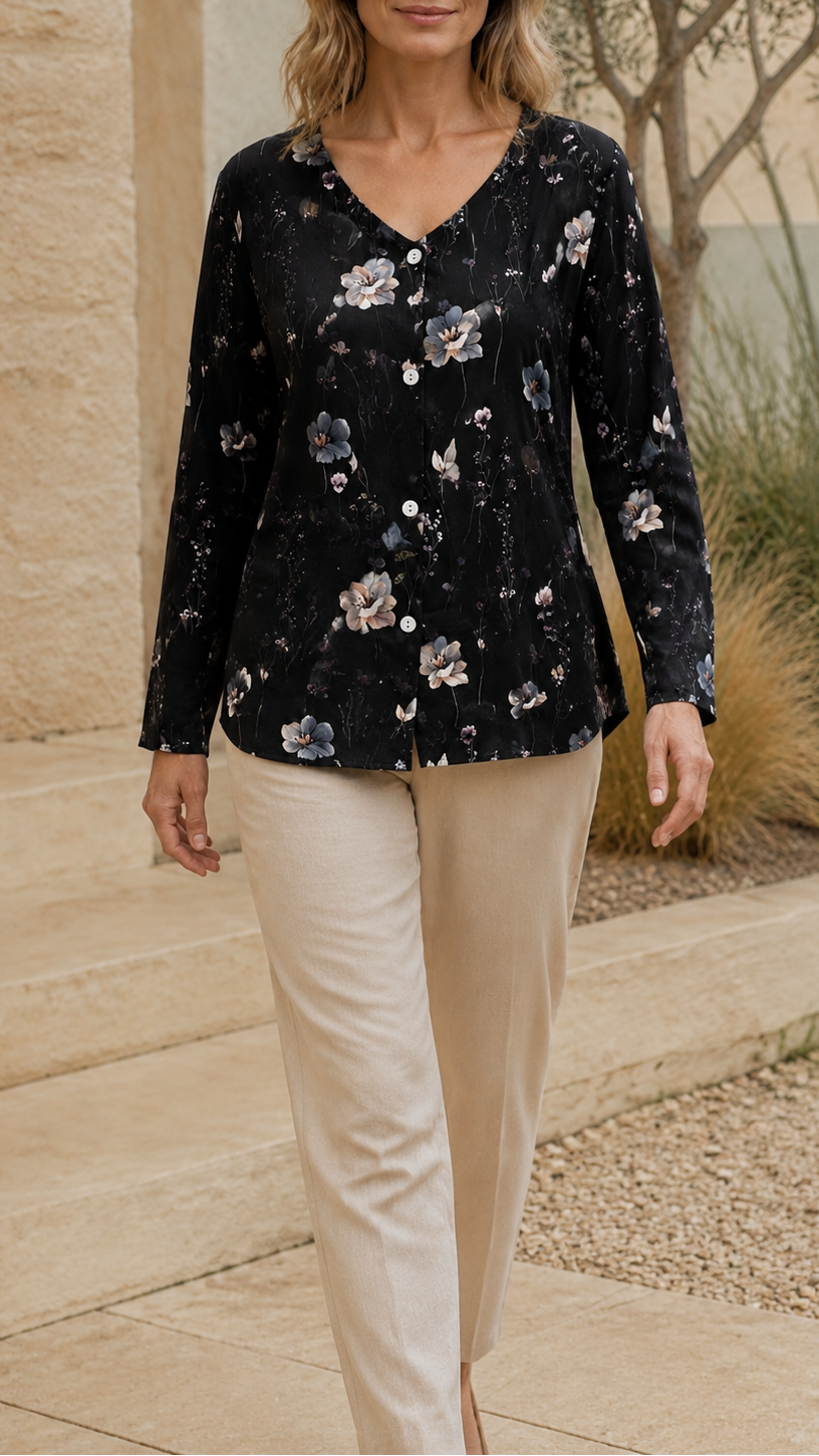 Women's Floral Blouse | V Neck Button Long Sleeve Top