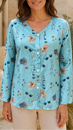 Women's Floral Blouse | V Neck Button Long Sleeve Top