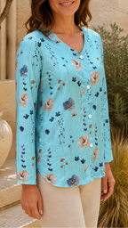 Women's Floral Blouse | V Neck Button Long Sleeve Top