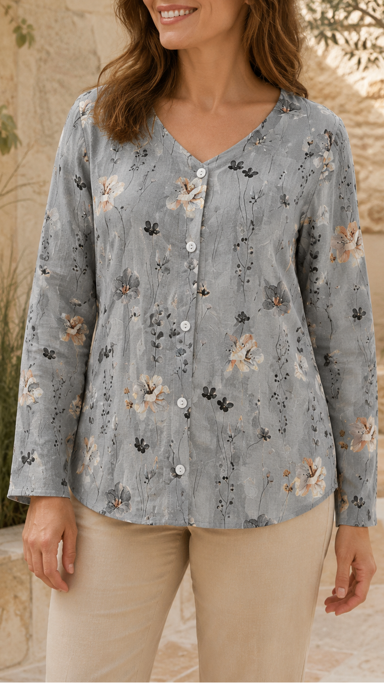 Women's Floral Blouse | V Neck Button Long Sleeve Top