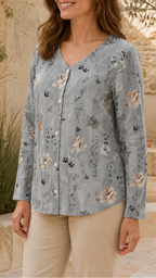 Women's Floral Blouse | V Neck Button Long Sleeve Top