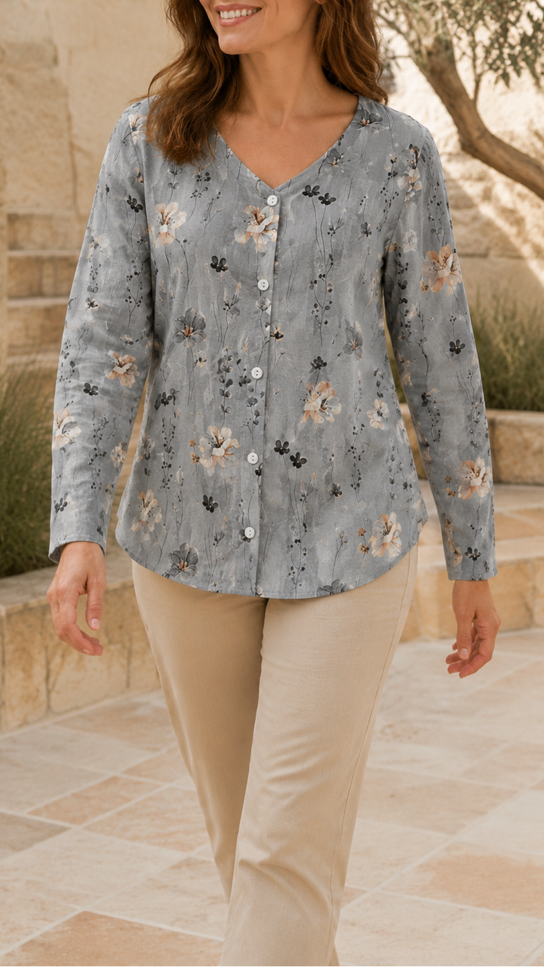 Women's Floral Blouse | V Neck Button Long Sleeve Top