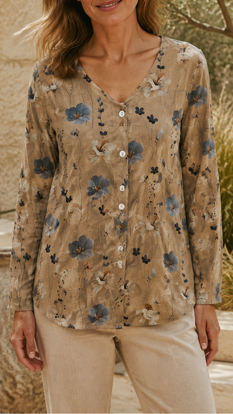 Women's Floral Blouse | V Neck Button Long Sleeve Top