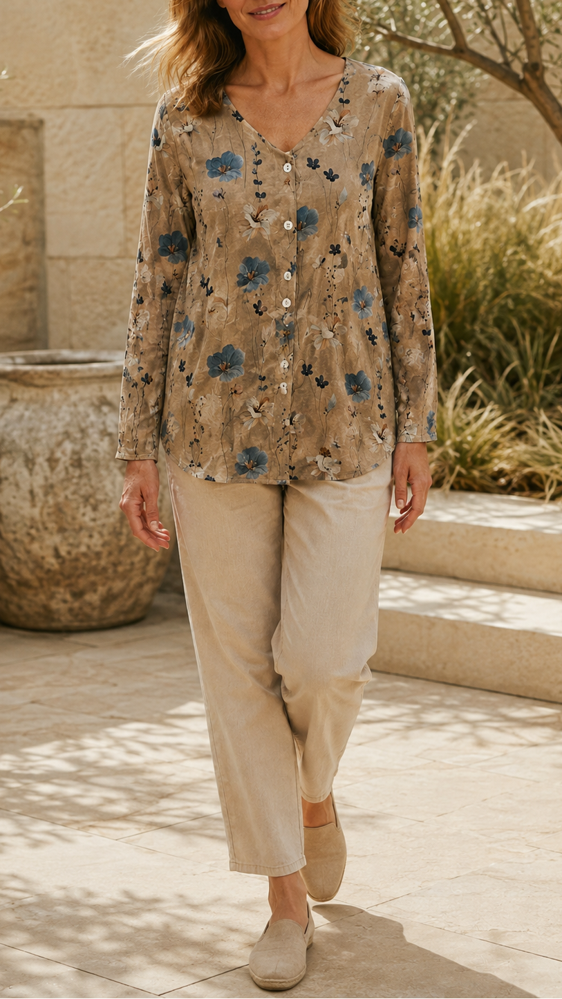 Women's Floral Blouse | V Neck Button Long Sleeve Top