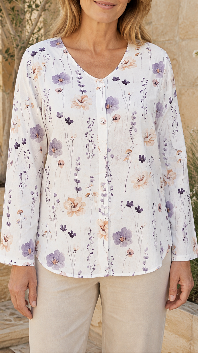 Women's Floral Blouse | V Neck Button Long Sleeve Top