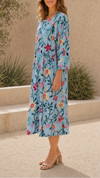 Women's Floral Printed Round Neck 3/4 Sleeve Midi Dress