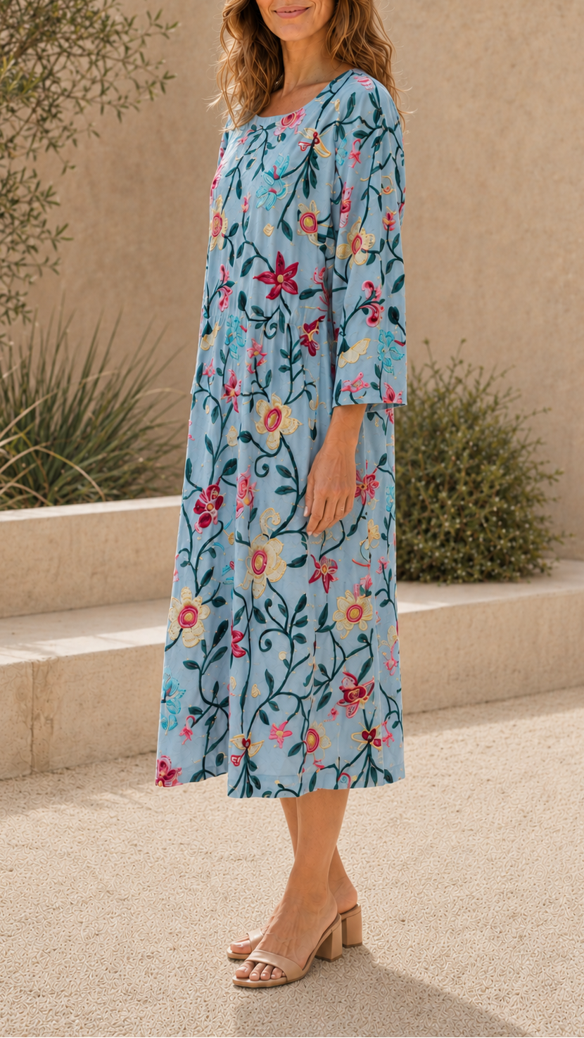 Women's Floral Printed Round Neck 3/4 Sleeve Midi Dress