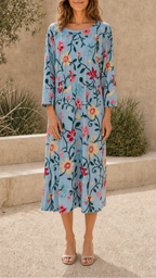 Women's Floral Printed Round Neck 3/4 Sleeve Midi Dress