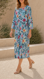 Women's Floral Printed Round Neck 3/4 Sleeve Midi Dress