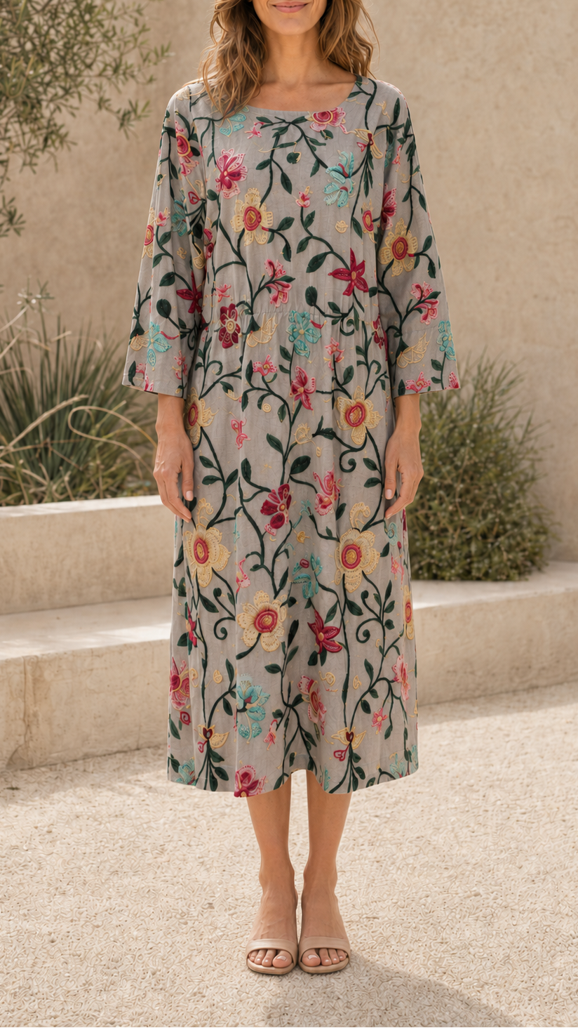 Women's Floral Printed Round Neck 3/4 Sleeve Midi Dress