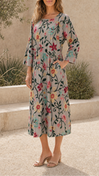 Women's Floral Printed Round Neck 3/4 Sleeve Midi Dress
