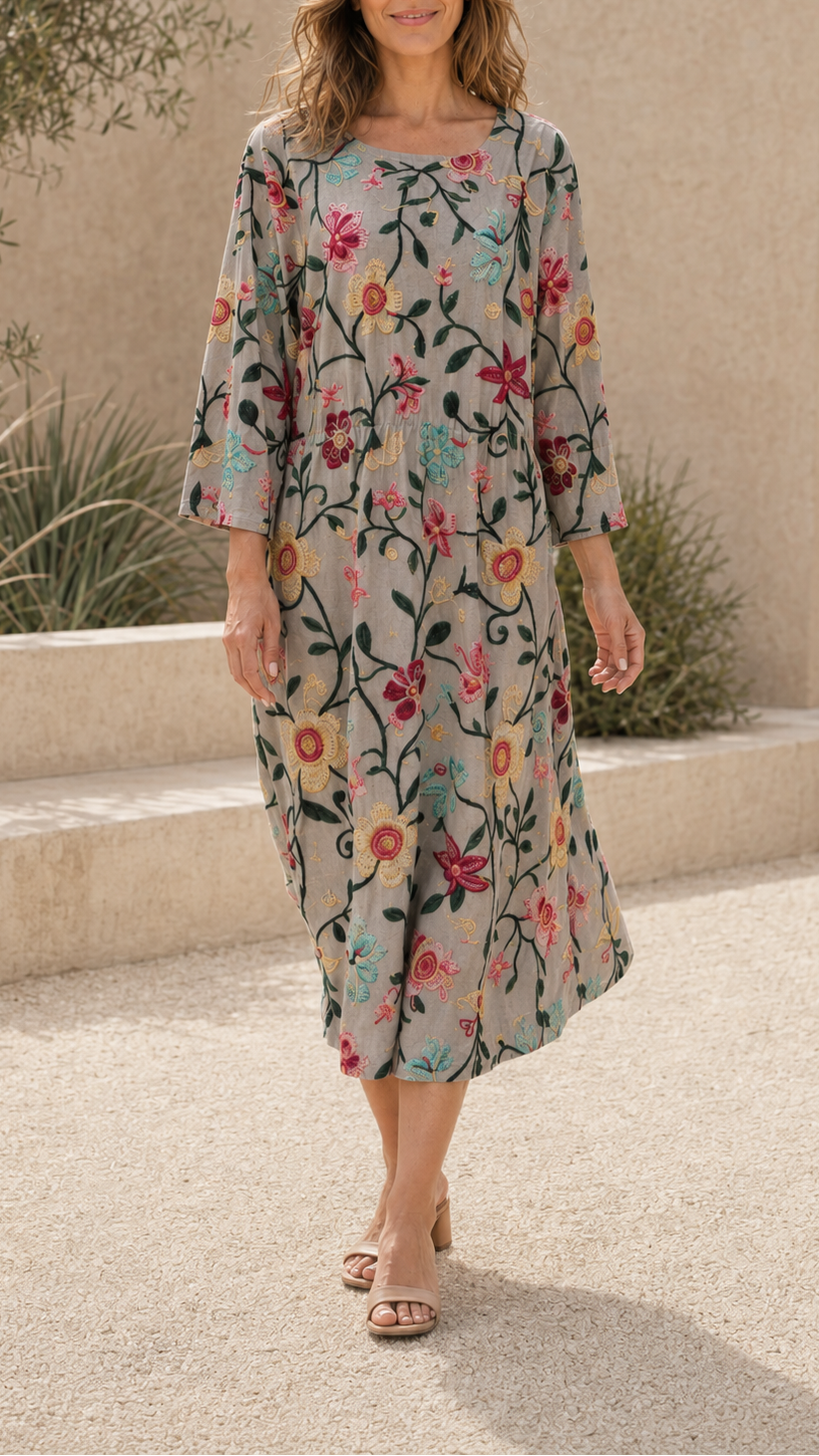 Women's Floral Printed Round Neck 3/4 Sleeve Midi Dress