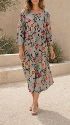 Women's Floral Printed Round Neck 3/4 Sleeve Midi Dress