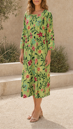 Women's Floral Printed Round Neck 3/4 Sleeve Midi Dress