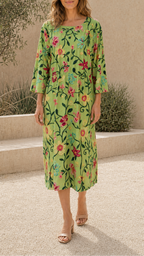 Women's Floral Printed Round Neck 3/4 Sleeve Midi Dress