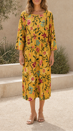 Women's Floral Printed Round Neck 3/4 Sleeve Midi Dress