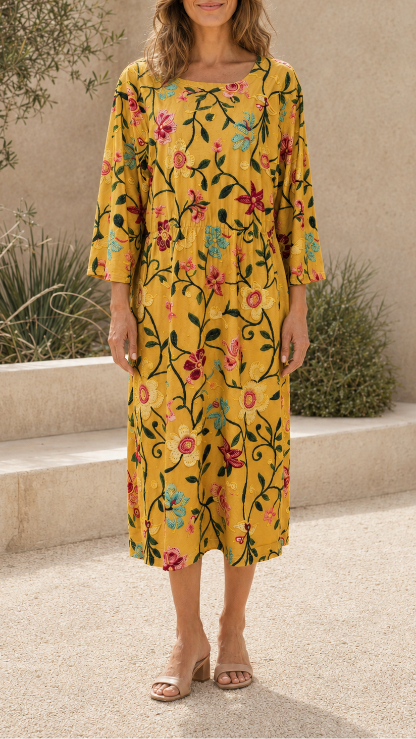 Women's Floral Printed Round Neck 3/4 Sleeve Midi Dress