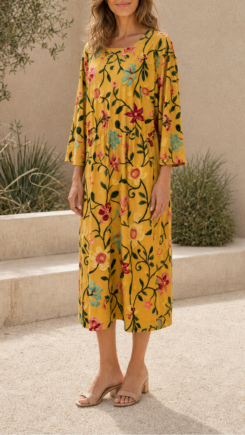 Women's Floral Printed Round Neck 3/4 Sleeve Midi Dress
