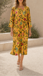 Women's Floral Printed Round Neck 3/4 Sleeve Midi Dress