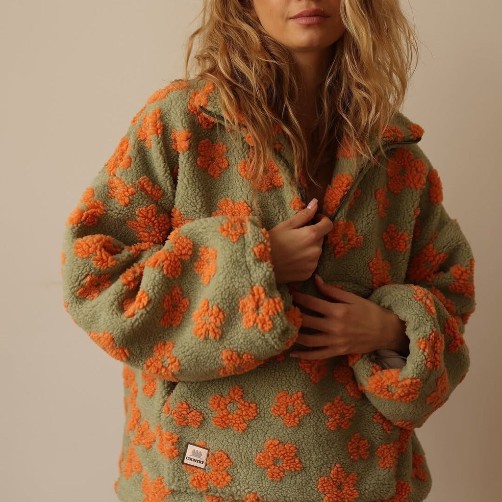 Women's Floral Teddy Fleece Jacket orange 1