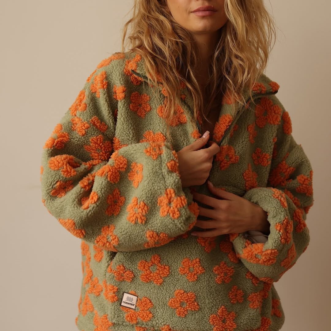 Women's Floral Teddy Fleece Jacket orange 1