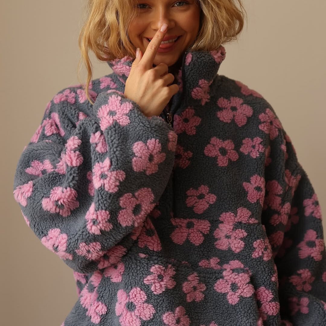 Women's Floral Teddy Fleece Jacket pink 1