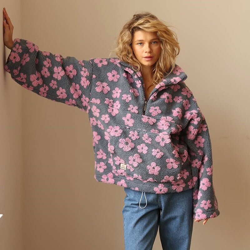 Women's Floral Teddy Fleece Jacket pink 2