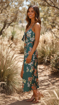 Women’s Floral Print Tie Front Side Split Midi Dress