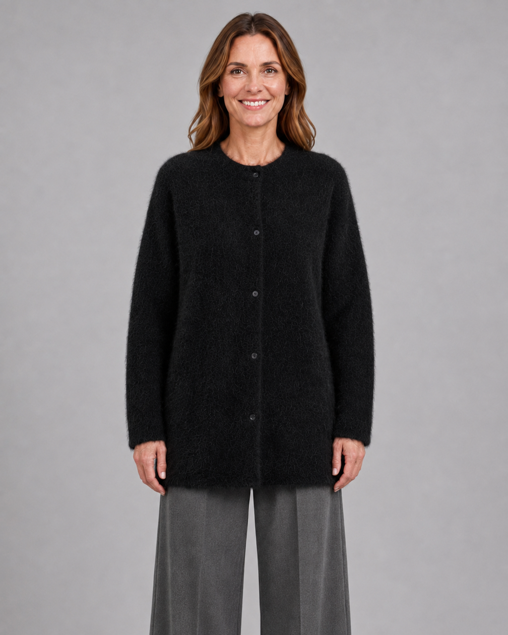 Women's Fluffy Knit Cardigan with Round Neck and Button Front
