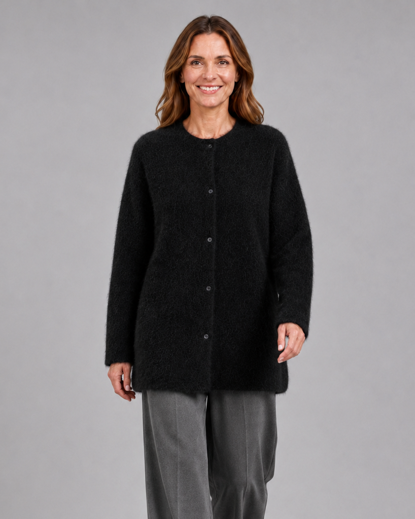 Women's Fluffy Knit Cardigan with Round Neck and Button Front