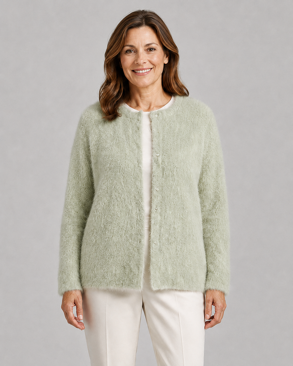 Women's Fluffy Knit Cardigan with Round Neck and Button Front