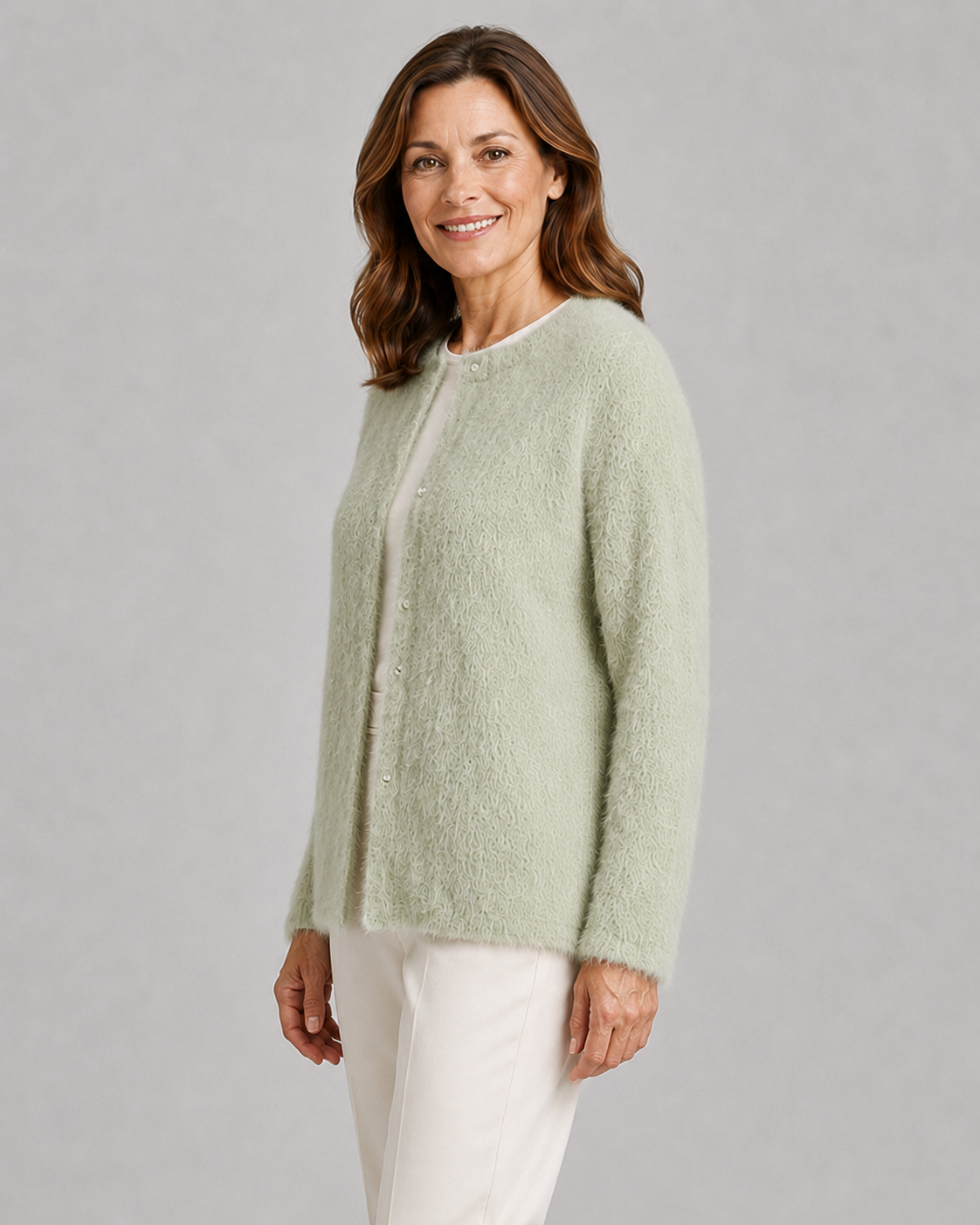 Women's Fluffy Knit Cardigan with Round Neck and Button Front
