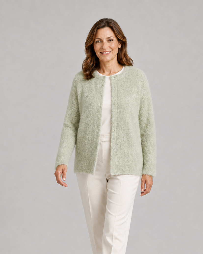 Women's Fluffy Knit Cardigan with Round Neck and Button Front