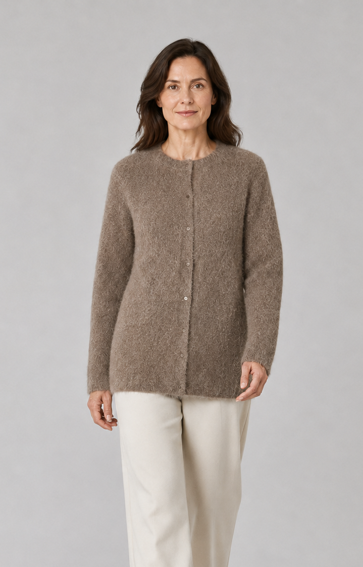 Women's Fluffy Knit Cardigan with Round Neck and Button Front