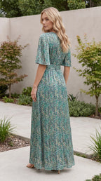 Women’s V Neck Flutter Sleeve Printed Belted Side Split Maxi Dress