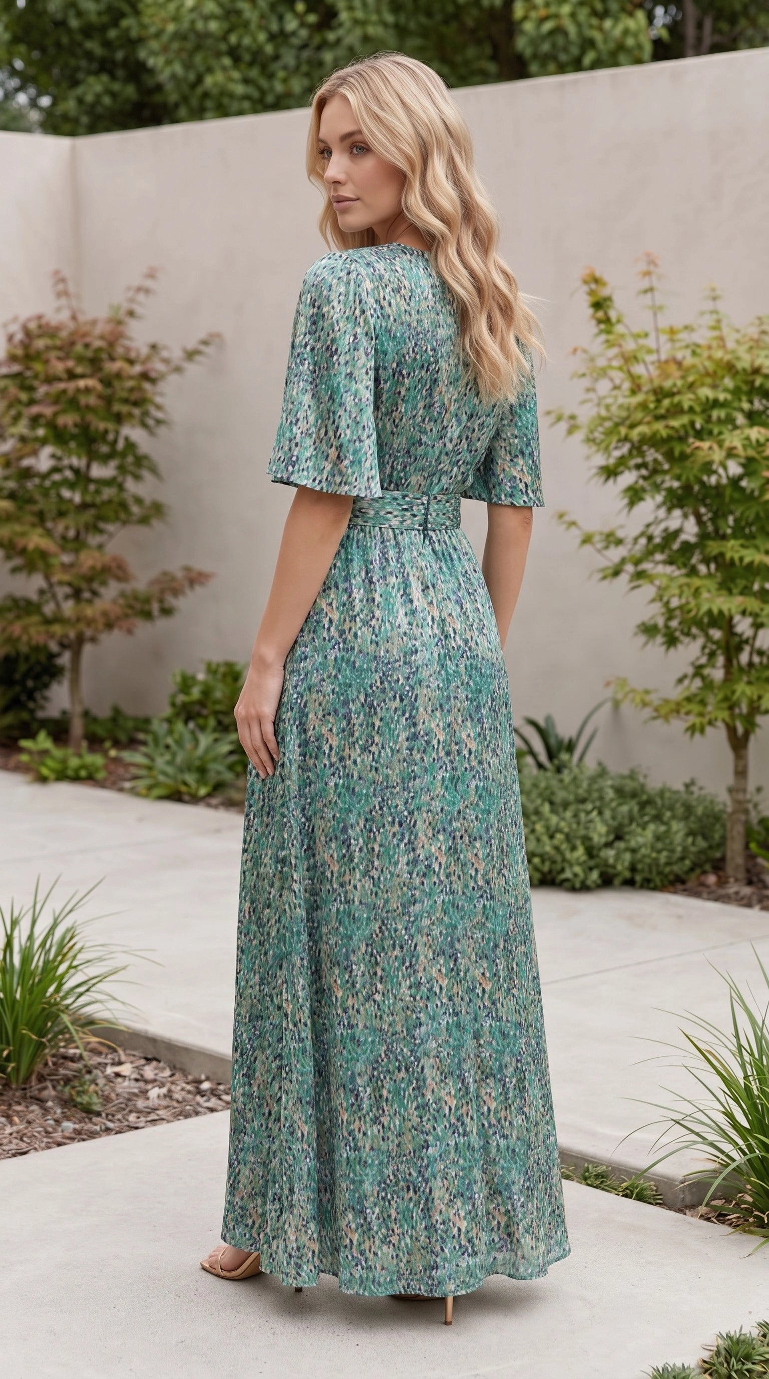 Women’s V Neck Flutter Sleeve Printed Belted Side Split Maxi Dress