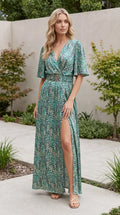 Women’s V Neck Flutter Sleeve Printed Belted Side Split Maxi Dress