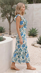 Women's V Neck Ruffle Cut-Out Floral Print Maxi Dress